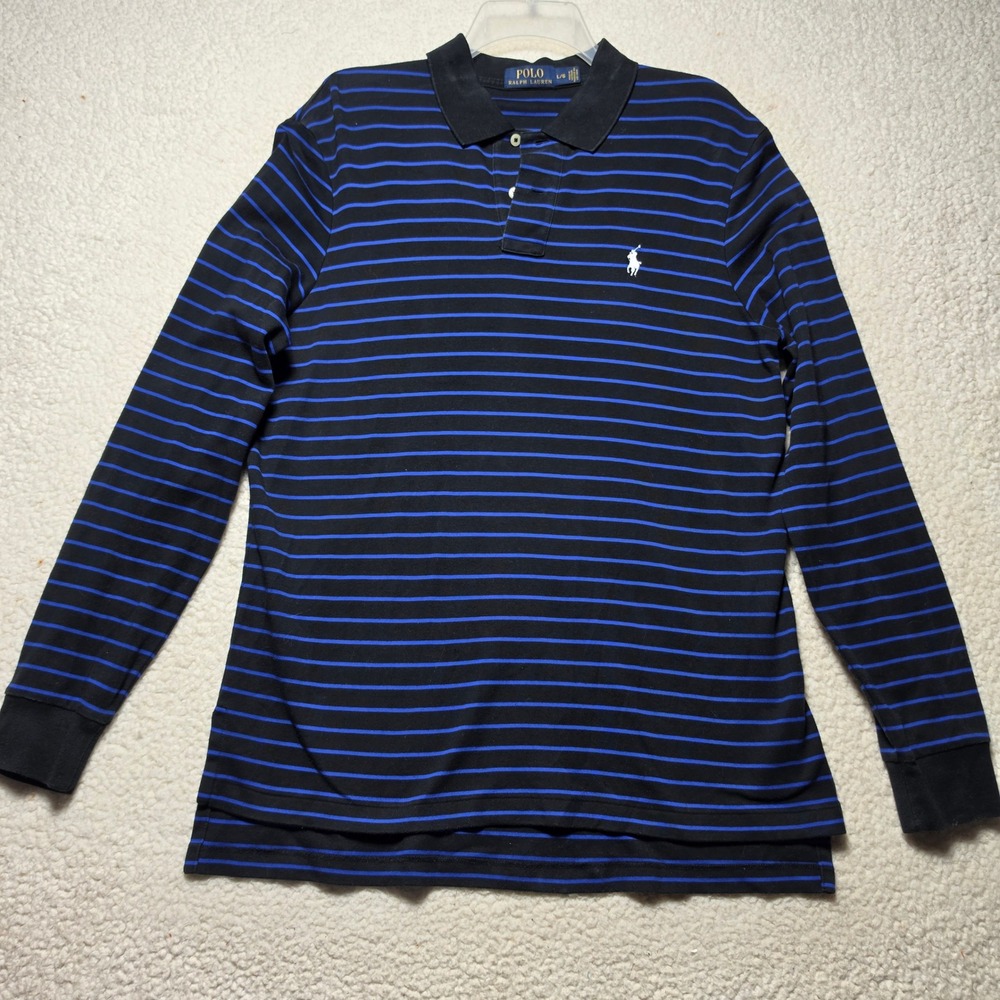 Polo Ralph Lauren Mens Large Long Sleeve Striped Polo Shirt Black Blue Cotton